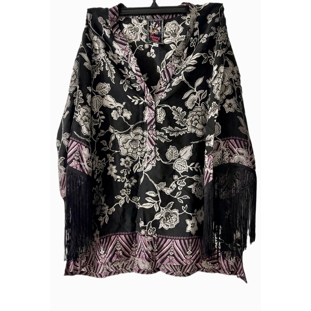 JOHNNY WAS Boho Chic Whimsigoth 100%Rayon Sz Small $280 Black PinkPaisley Fringe